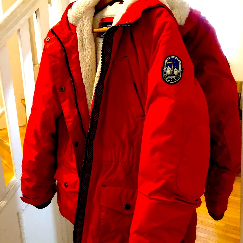 Lands’ End: Red, Size 16 or XL kids. faux fur lined hood, 80% down insulated